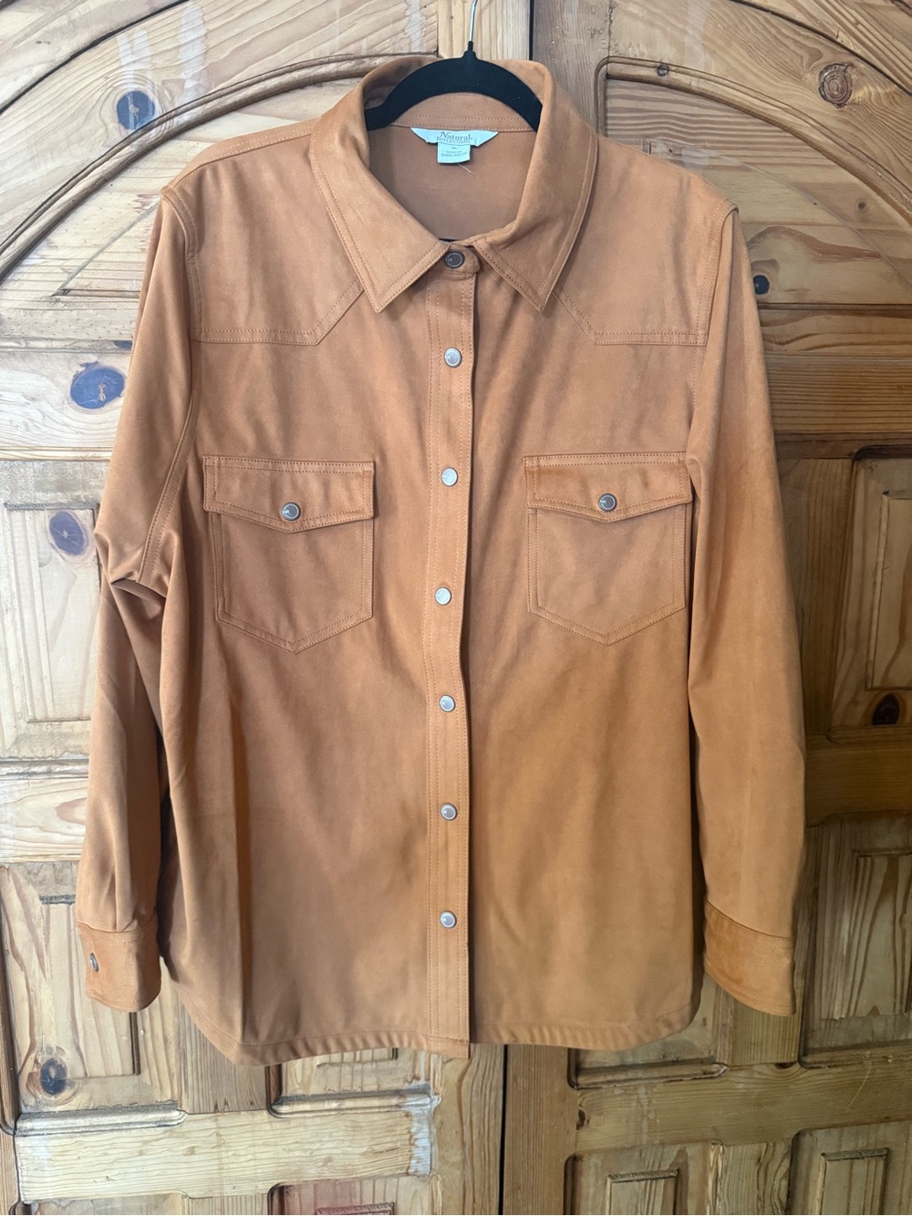 Faux suede Button-Front Shirt Jacket in Camel